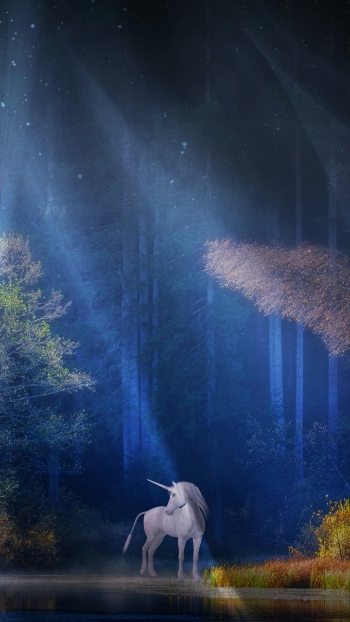 Download Tree Mystical Sunbeam Forest Fantasy Unicorn Phone Wallpaper