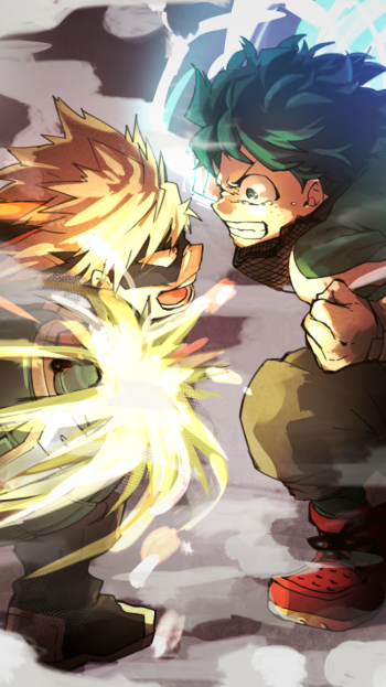 Phone wallpaper featuring Katsuki Bakugou and Izuku Midoriya from My Hero Academia in dynamic action, designed for both iPhone and Android devices.