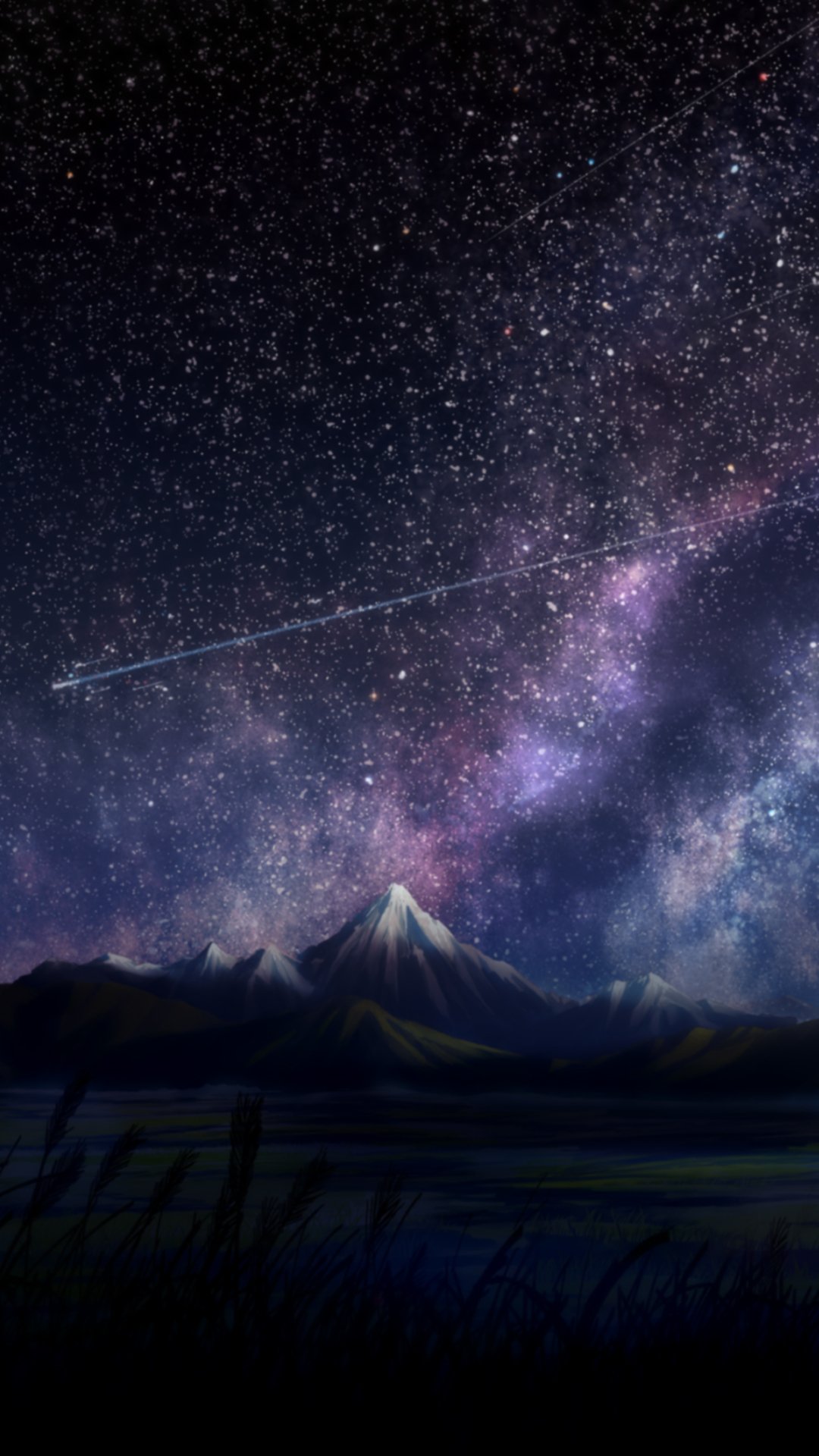 Anime-style original phone wallpaper featuring a starry night sky above mountains, designed for both iPhone and Android screens.