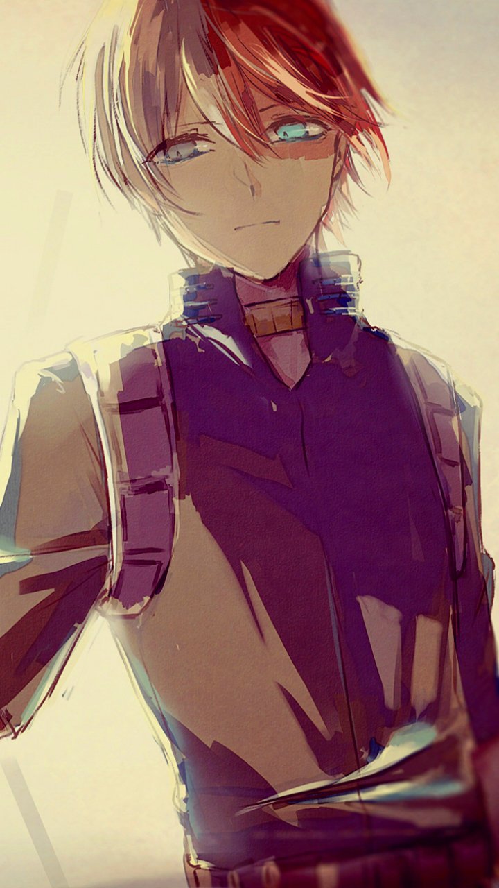 Phone wallpaper of Shoto Todoroki from My Hero Academia, featuring a soft, detailed anime portrait with warm and cool tones, fitting both iPhone and Android screens.