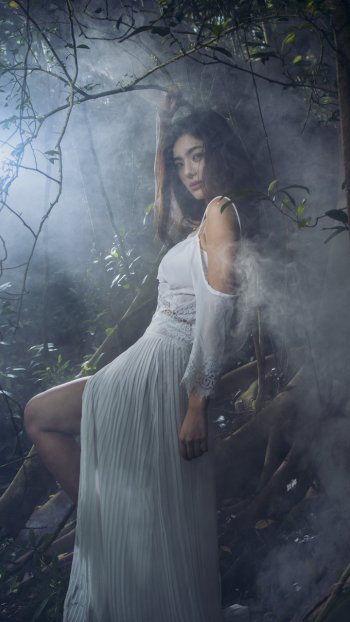 brunette smoke white dress model jungle fog woman asian Phone Wallpaper
