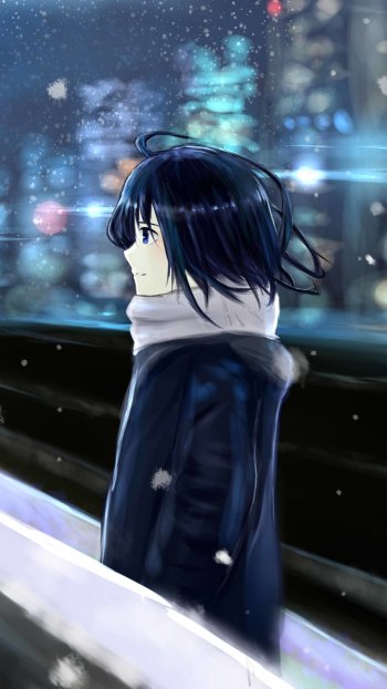 scarf light night city cold snow Anime Original anime night anime city night snow Phone Wallpaper