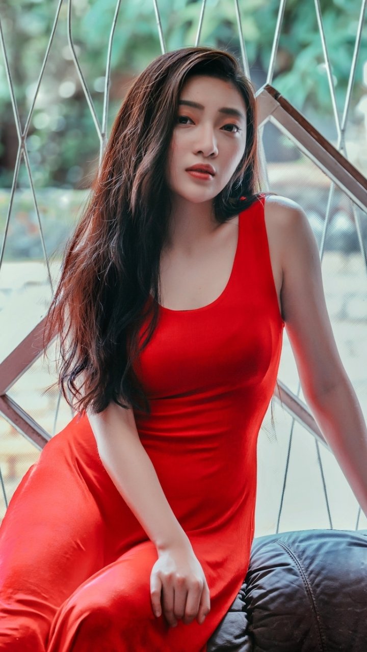 Download Brunette Red Dress Model Woman Asian Phone Wallpaper