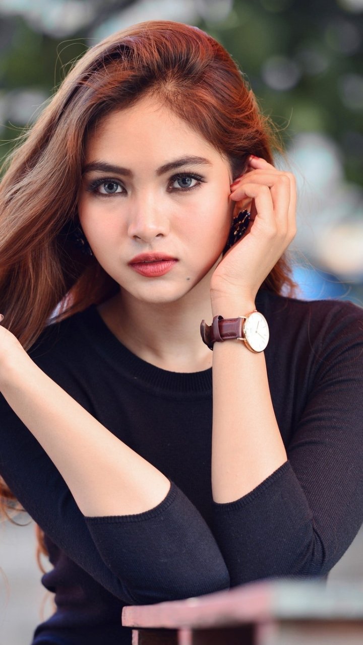 Download Redhead Depth Of Field Blue Eyes Model Woman Asian Phone Wallpaper