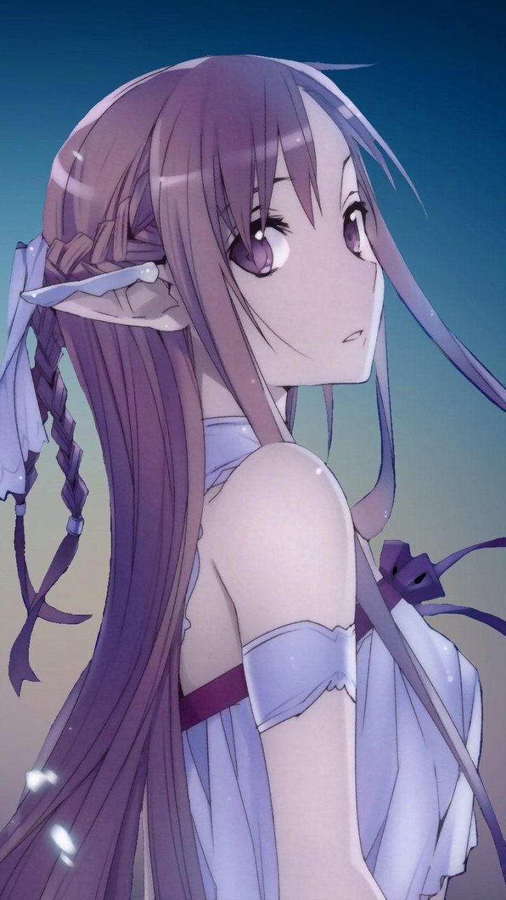 Phone wallpaper of Asuna Yuuki (Sword Art Online) — soft-lit, over-the-shoulder portrait in Elven form with braided hair and pale blue attire.
