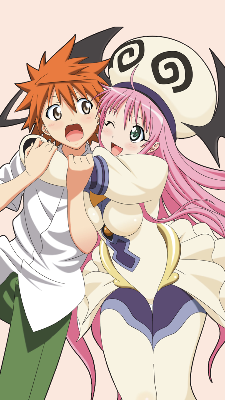 Phone wallpaper for iPhone and Android phones: Lala Satalin Deviluke (To Love-Ru) hugs a flustered young man against a pale pink background, playful anime illustration.