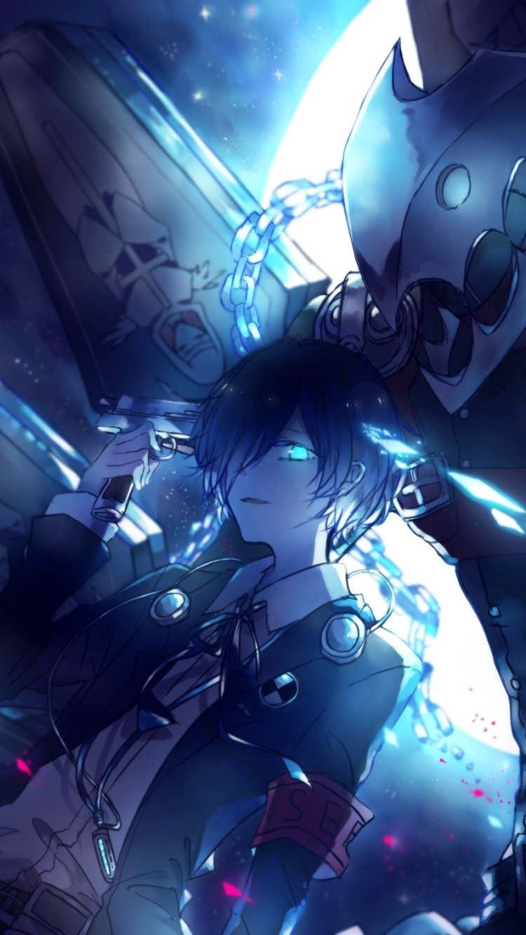 Phone wallpaper featuring Thanatos from Persona 3, showcasing Minato Arisato (Makoto Yuki) in a dynamic, glowing blue-toned scene inspired by the video game.