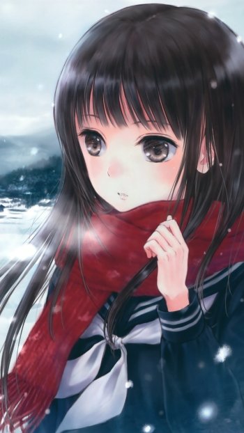 mountain snowfall snow scarf bow (Clothing) black eyes black hair blush school uniform long hair Anime Original Phone Wallpaper