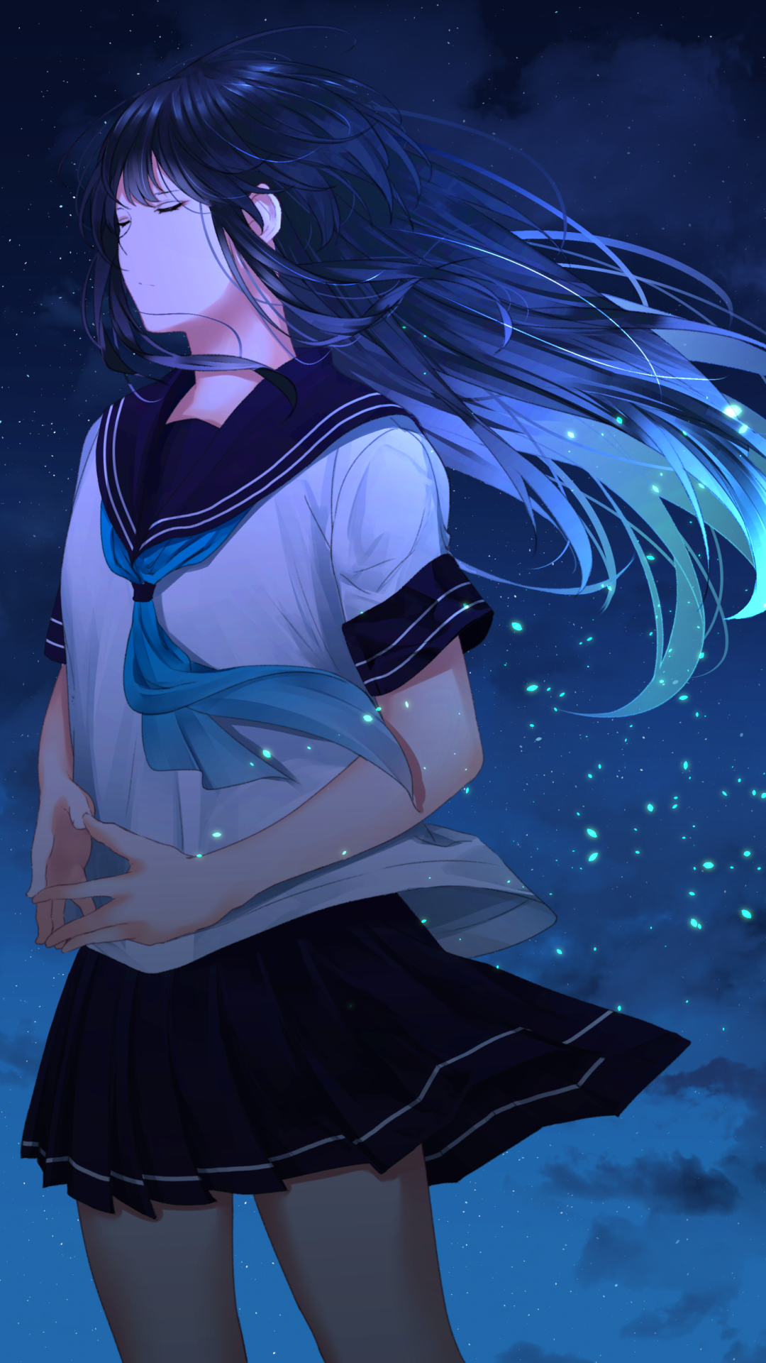 Anime-style phone wallpaper of a girl with long hair in a school uniform at night, surrounded by glowing fireflies and clouds under a starry sky.