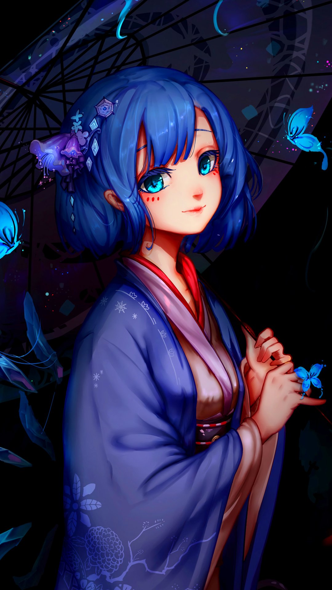Phone wallpaper of Cirno (Touhou) — short blue hair and aqua eyes, in a blue kimono holding an umbrella, surrounded by glowing butterflies, anime/Touhou style.