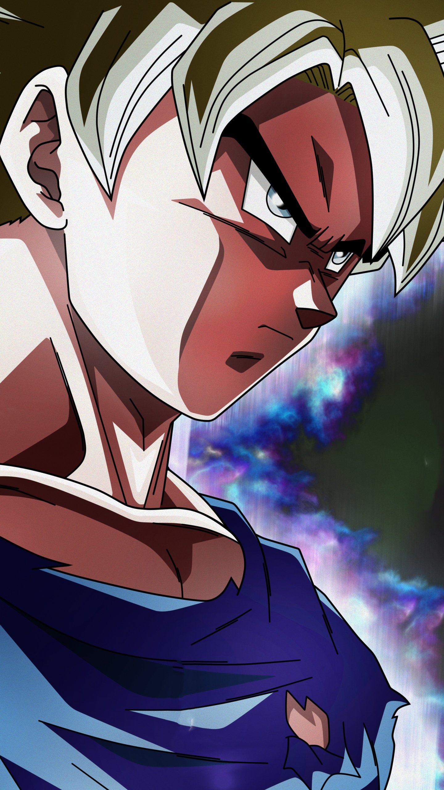 Close-up of Goku from Dragon Ball Super, intense anime portrait in a torn blue gi with glowing cosmic energy behind him — phone wallpaper.
