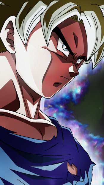 Close-up of Goku from Dragon Ball Super, intense anime portrait in a torn blue gi with glowing cosmic energy behind him — phone wallpaper.