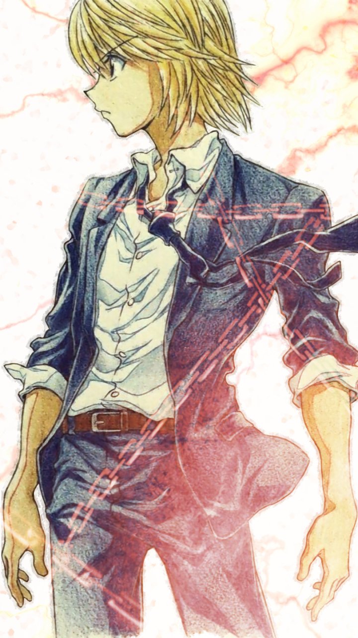 Phone wallpaper of Kurapika (Hunter x Hunter): blond hair in a suit, red glowing chains wrapping around him against a pale, cloud-streaked background.