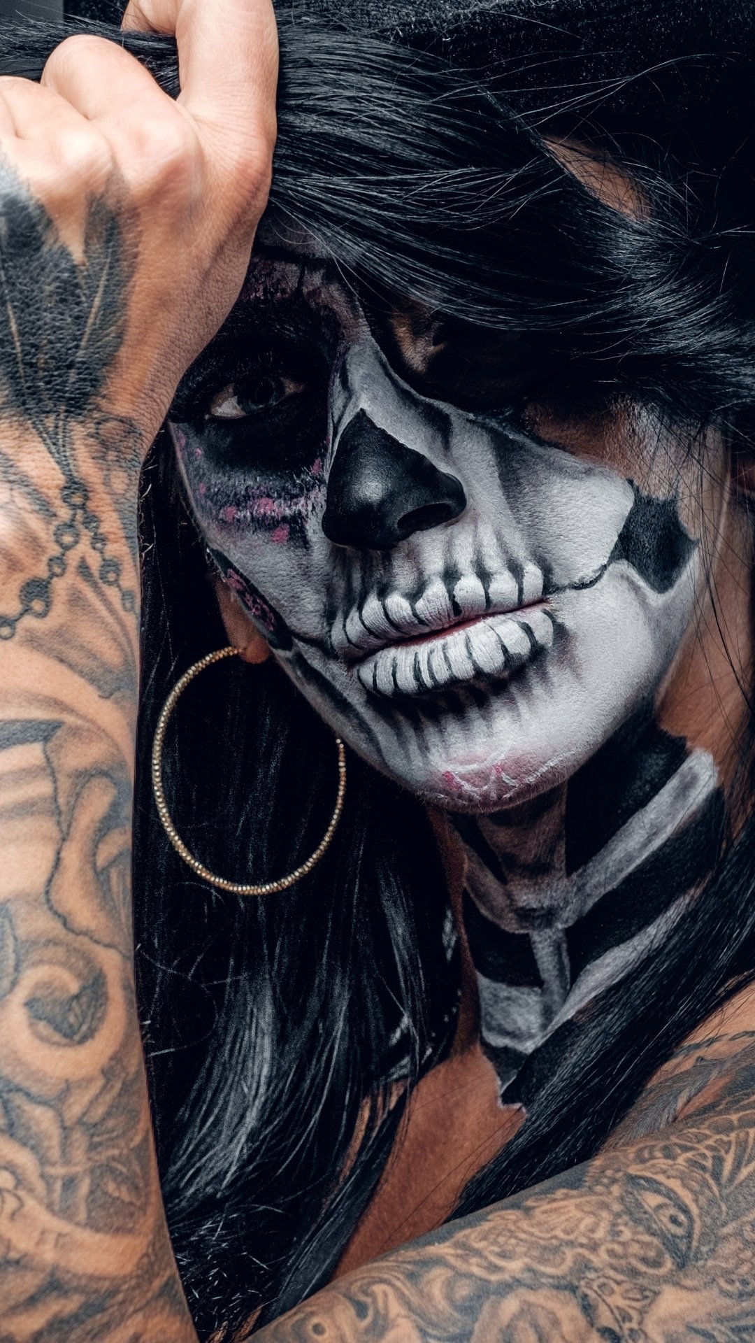 Download Earrings Sugar Skull Woman Tattoo Phone Wallpaper
