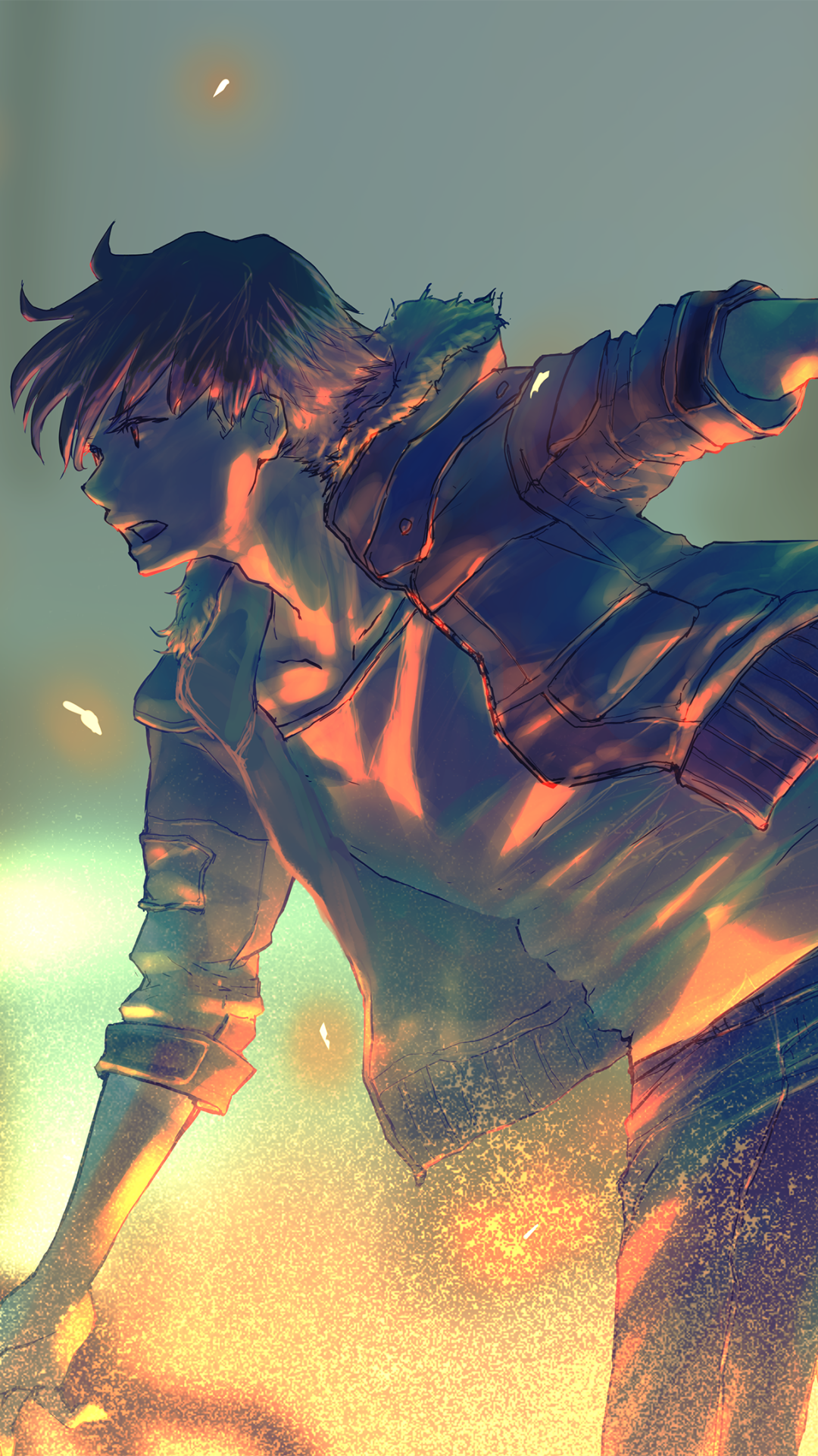 Phone wallpaper of a dynamic anime boy lunging forward, tousled hair and jacket, bathed in warm ember glow and teal backlight for a dramatic, cinematic look.