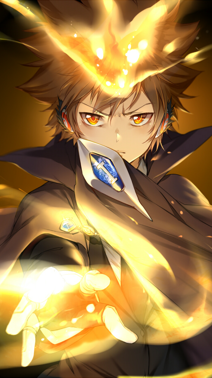 Tsunayoshi Sawada (Katekyō Hitman Reborn!) phone wallpaper: determined pose, glowing Dying Will flame, golden aura and flowing cloak.