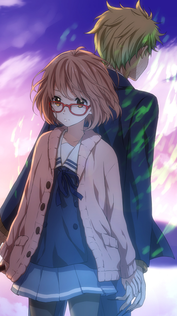 Phone wallpaper of Mirai Kuriyama and Akihito Kanbara from the anime Beyond the Boundary, standing back-to-back at dusk; Mirai in glasses and a cardigan, Akihito turned away.