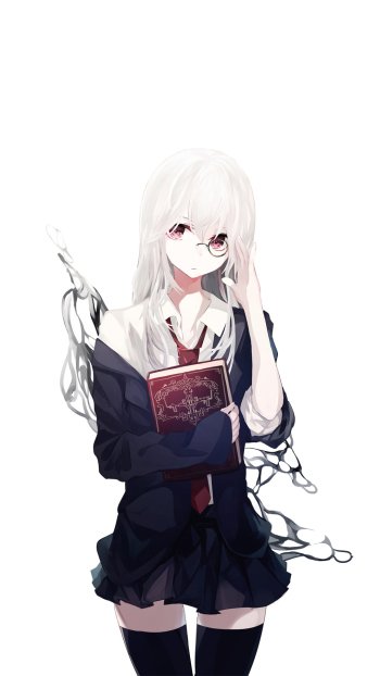 thigh highs school uniform white hair book pink eyes glass Anime Original Phone Wallpaper