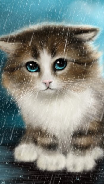 Phone wallpaper painting of a fluffy brown and white kitten (animal cat) with vivid blue eyes, sitting in the rain against a soft blue background.