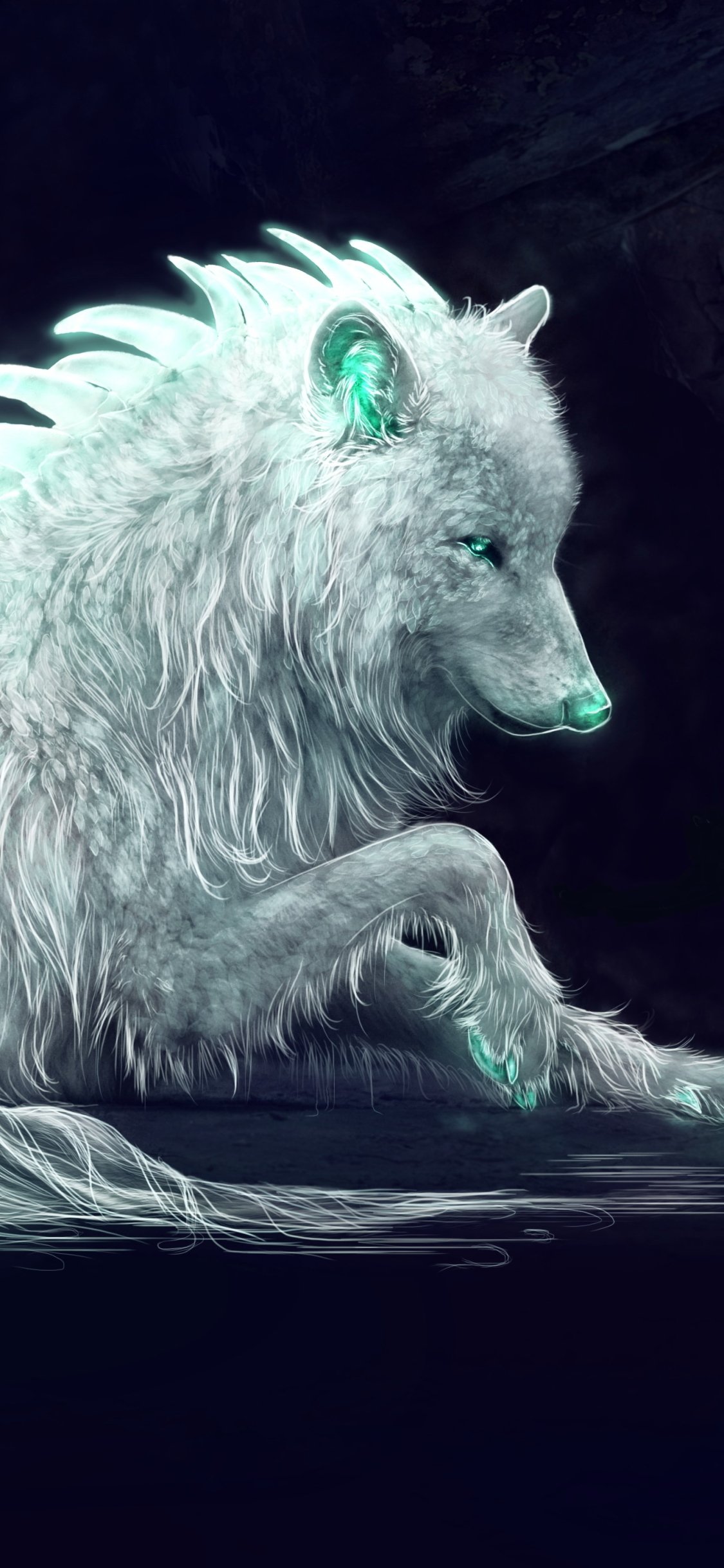 Fantasy phone wallpaper depicting a luminous white wolf with teal glowing markings, crouched against a dark backdrop, its ethereal fur and reflective eyes casting a mystical glow.