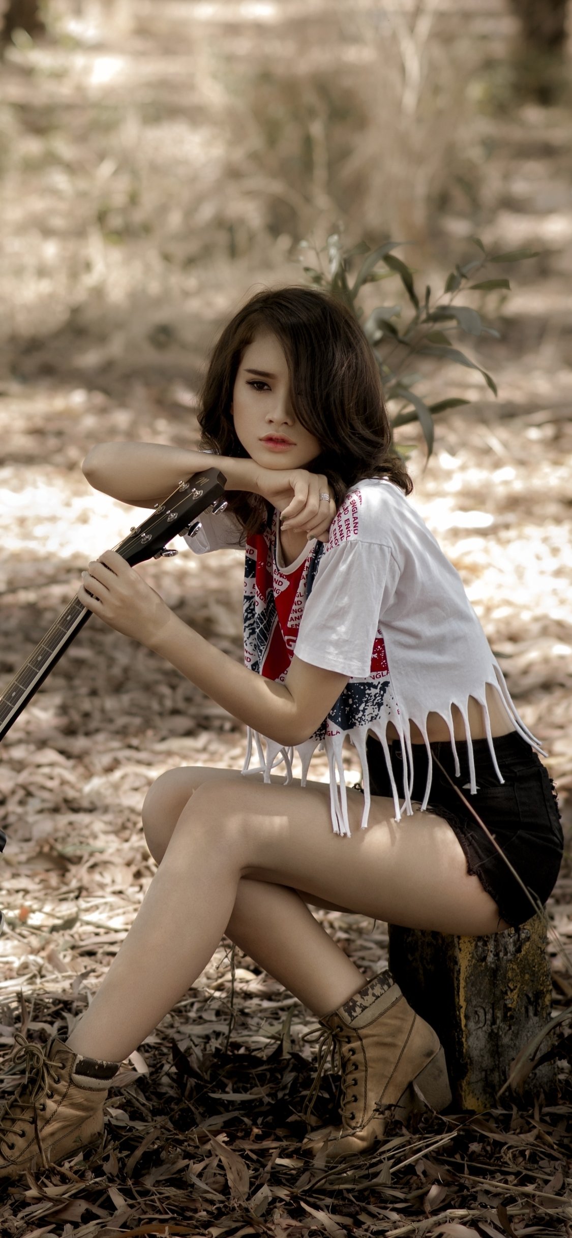 Download Guitar Brown Eyes Depth Of Field Brunette Model Woman Asian Phone Wallpaper