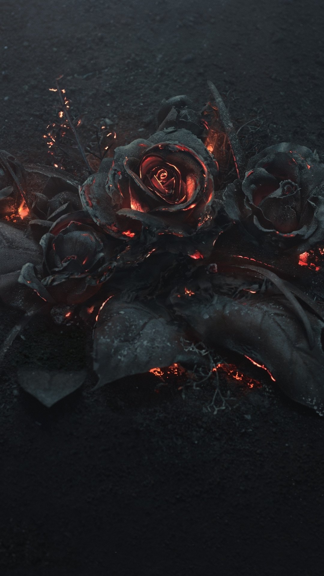 Artistic flower close-up: a blackened rose and leaves with glowing ember veins on a textured dark background, vertical phone wallpaper.