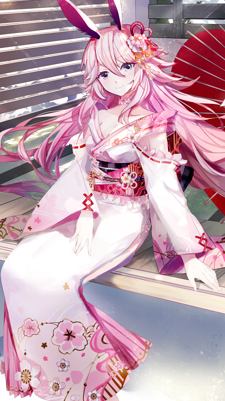 Anime-style phone wallpaper featuring Yae Sakura from Benghuai Xueyuan in a detailed kimono with pink hair and bunny ears, designed for iPhone and Android displays.