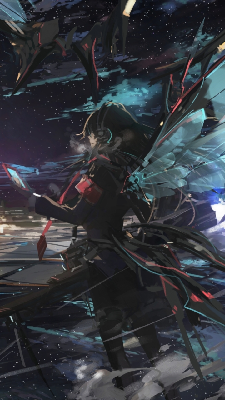 Anime original artwork of a girl with headphones and translucent wings, set against a starry night sky, designed as a phone wallpaper for iPhones and Android devices.