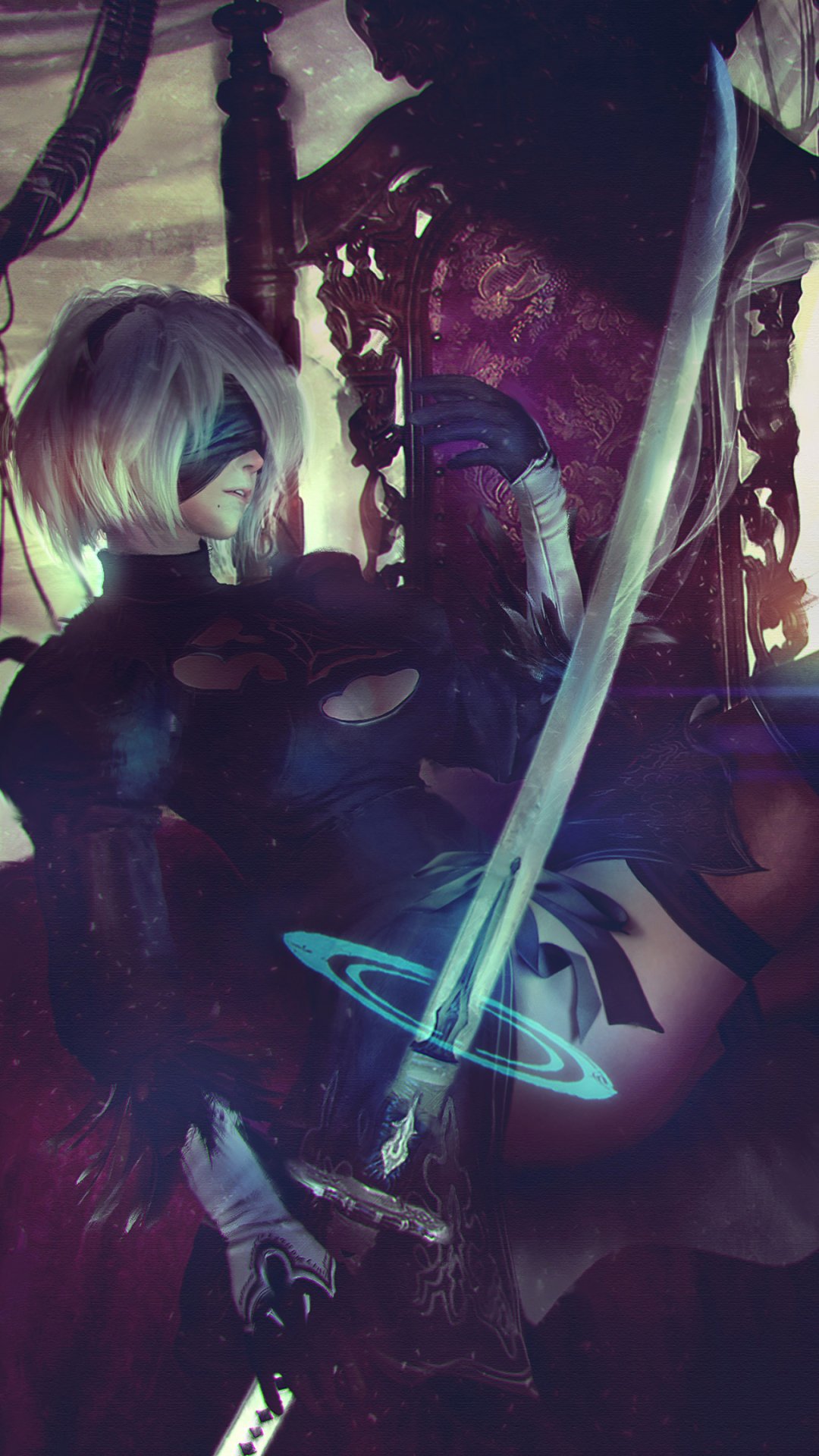 Phone wallpaper of YoRHa No.2 Type B (2B) from the video game NieR:Automata, seated in a dark throne room blindfolded, holding her sword with a glowing blue ring.