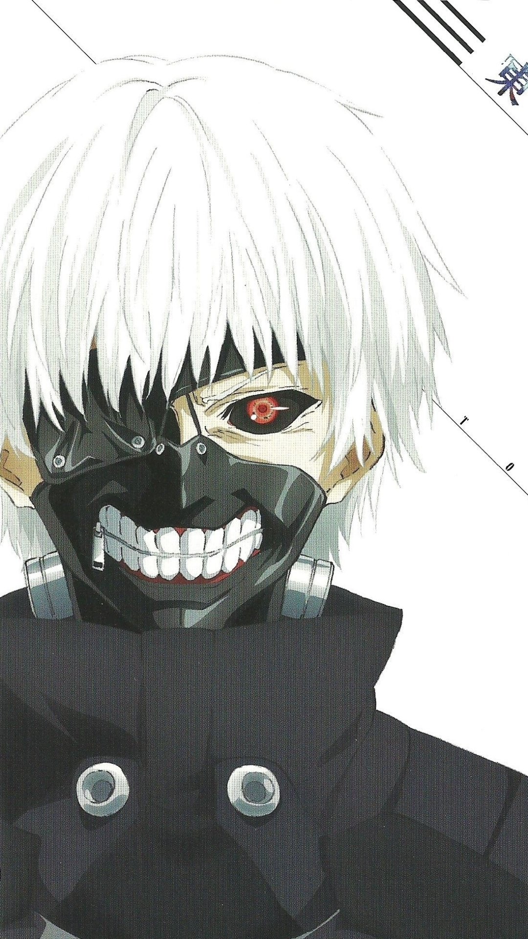 Phone wallpaper featuring Ken Kaneki from Tokyo Ghoul, showcasing his white hair, black mask, and red eye in a striking anime style for iPhone and Android devices.
