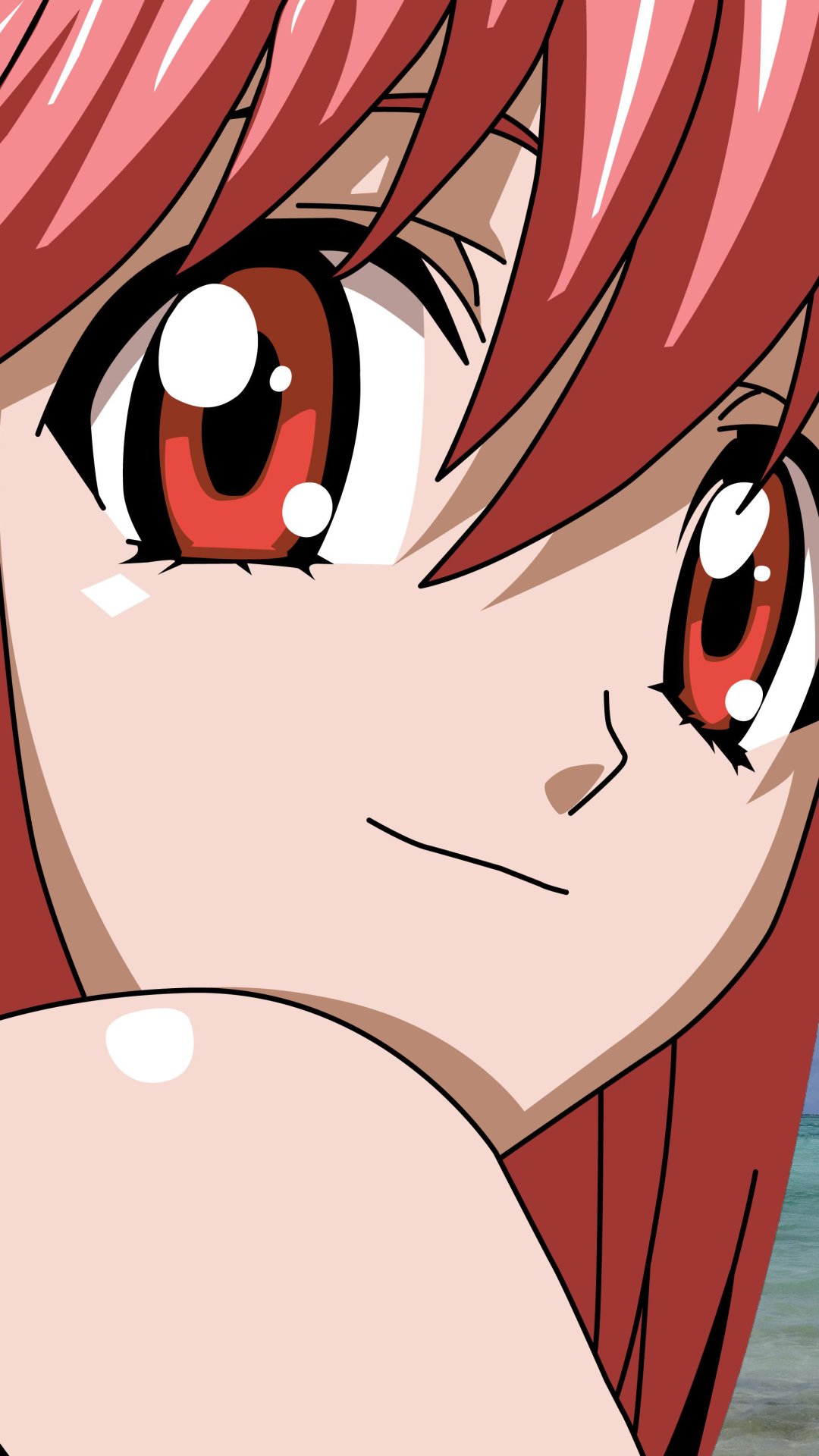 Close-up of a red-haired anime character from Elfen Lied, designed as a vibrant phone wallpaper for iPhones and Android devices.