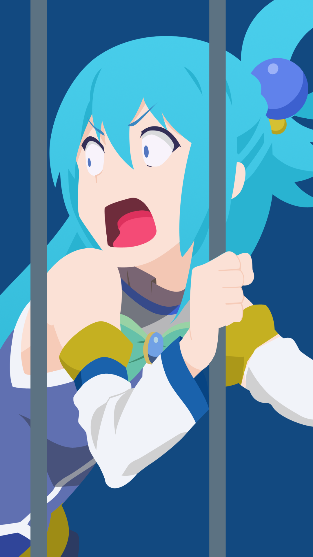 Phone wallpaper of Aqua (KonoSuba): anime heroine with bright teal hair clutching bars and shouting, wide-eyed against a deep blue background.