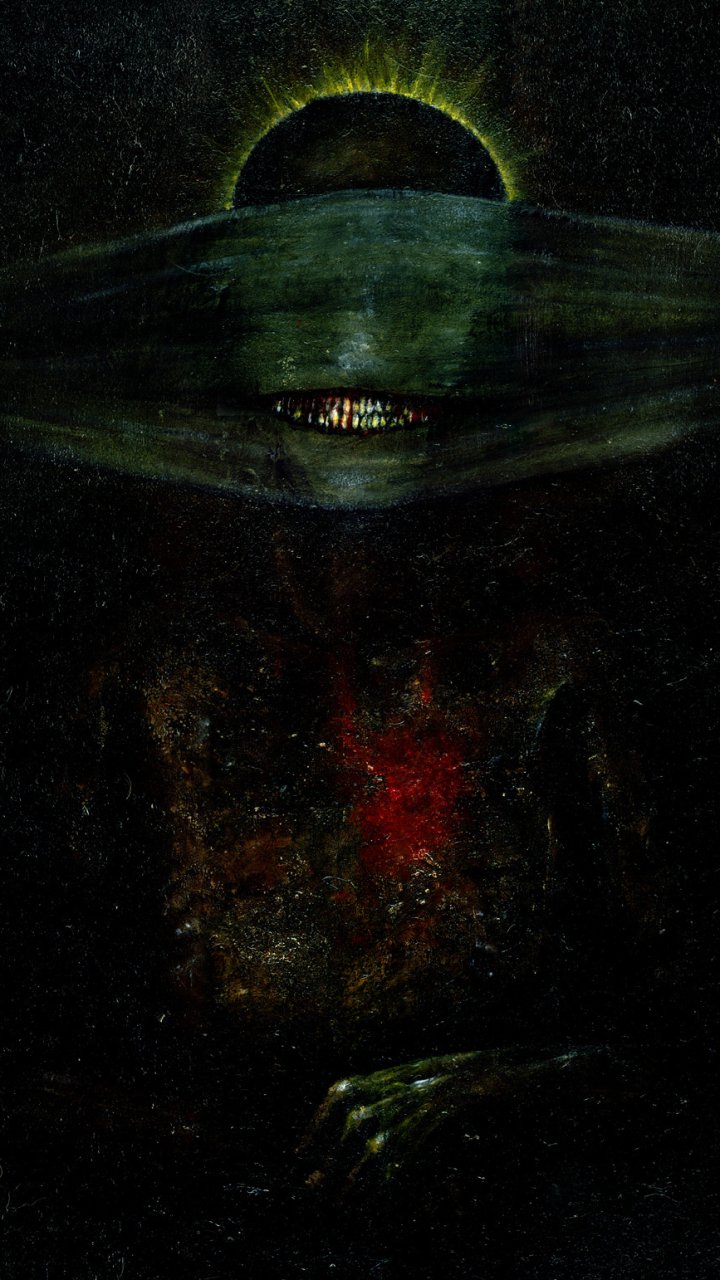 Dark phone wallpaper showing a zombie: shadowy figure beneath a sickly green eclipse, toothy rotten grin, bloodied chest and clawed hand emerging from black gloom.