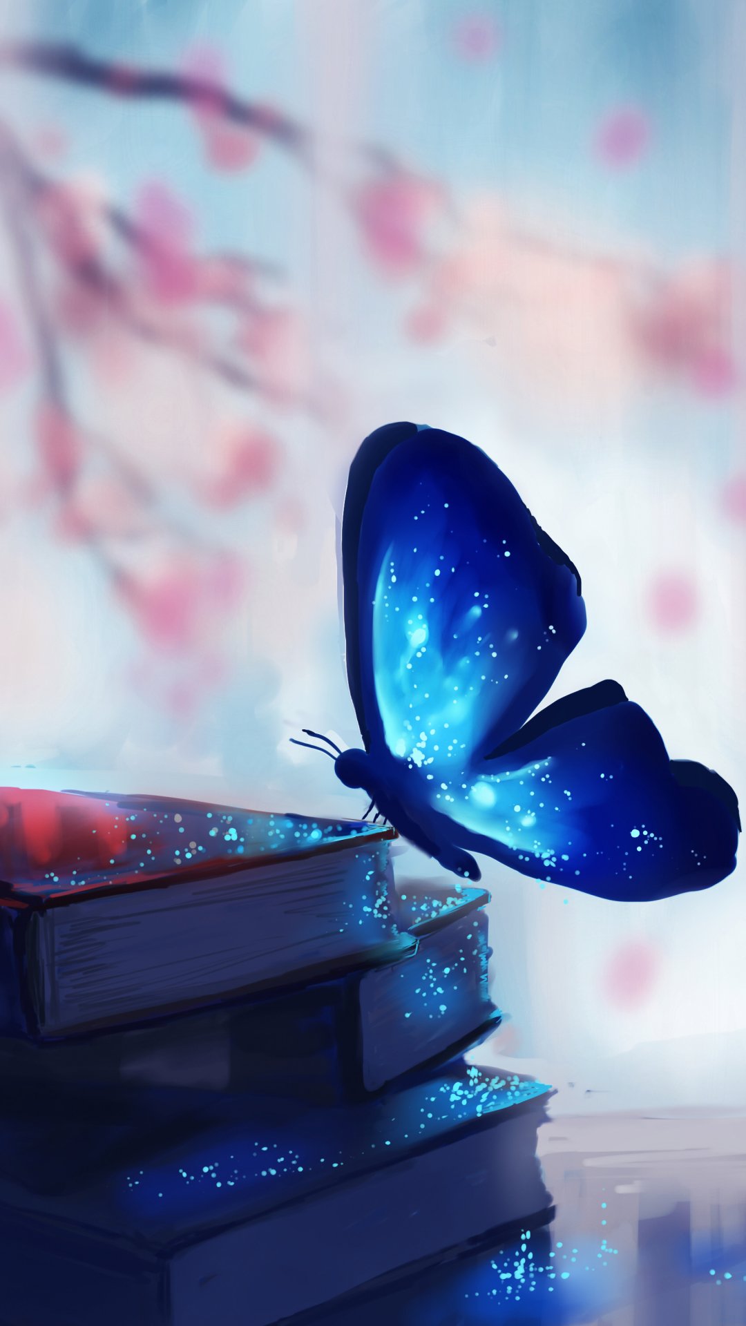 A glowing blue butterfly with glitter wings rests on stacked books, set against a soft, dreamy background, designed as an artistic fantasy phone wallpaper.