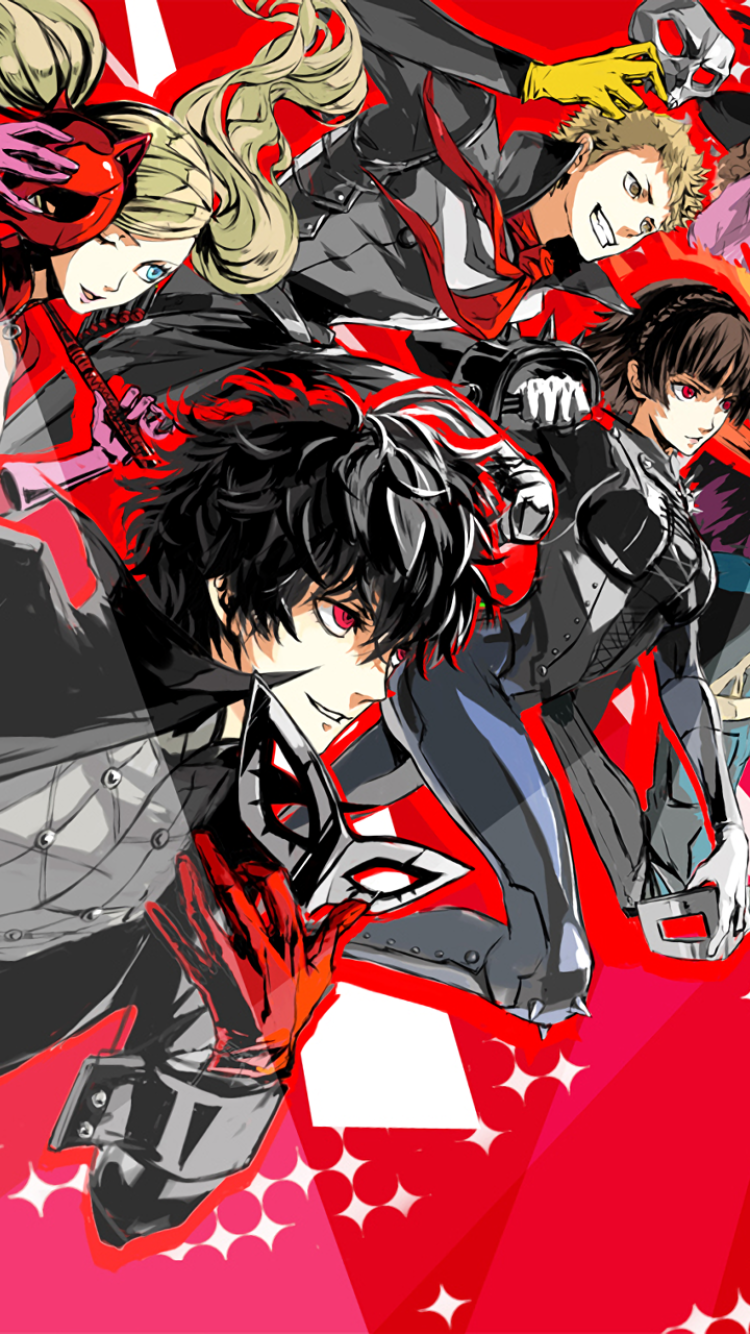 Phone wallpaper featuring dynamic artwork of Persona 5 characters in action poses, designed for iPhone and Android devices.