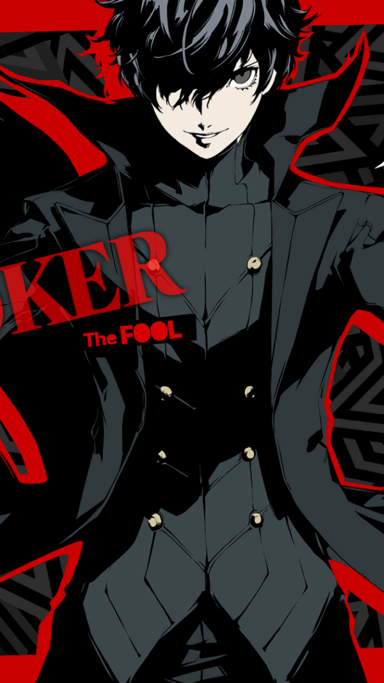 Phone wallpaper of Joker from the Persona 5 video game, standing in a black uniform with a flowing red-black coat, 'The Fool' text over a bold red-and-black graphic background.