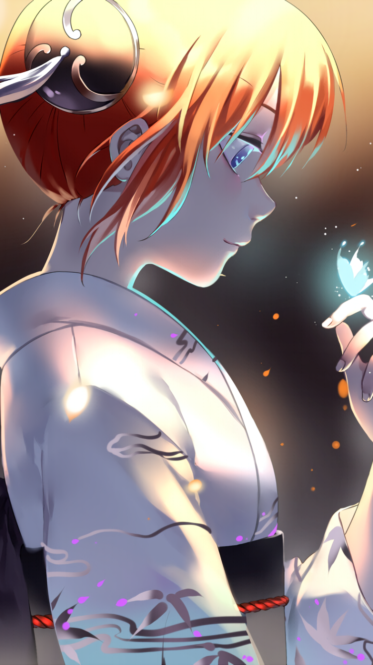 Phone wallpaper of Kagura (Gintama), anime-style profile in a kimono, softly lit and gazing at a glowing blue butterfly against a warm, spark-lit background.