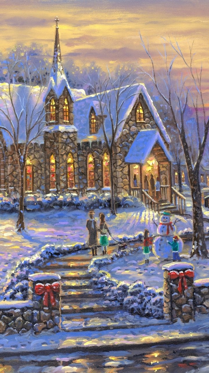 Phone wallpaper: artistic winter painting of a snow-covered stone church at dusk, glowing windows, wreaths, and carolers on snowy steps celebrating Christmas.