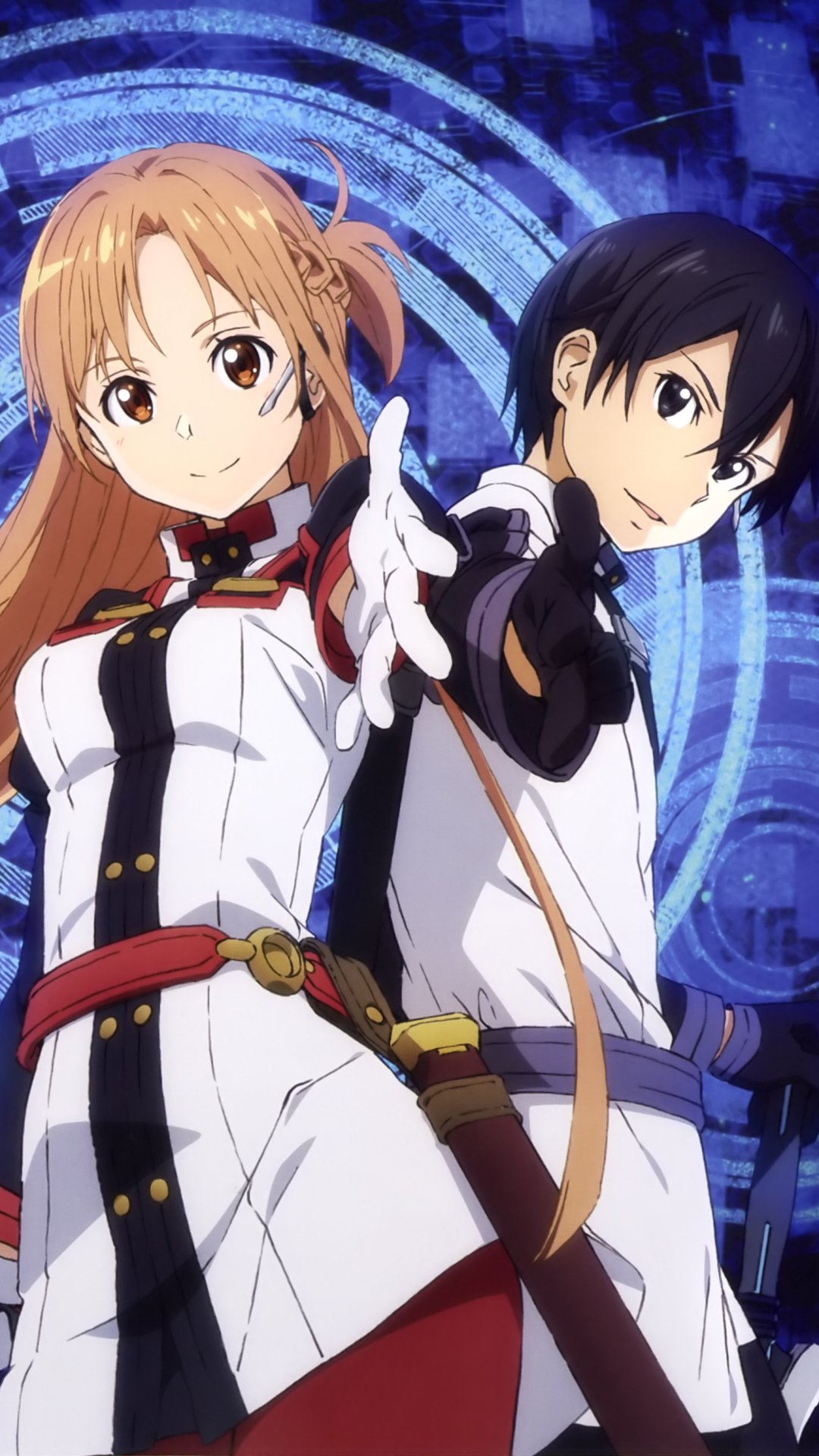 Phone wallpaper of Asuna Yuuki from the anime Sword Art Online Movie: Ordinal Scale, standing with Kirito against a glowing blue circular digital backdrop.