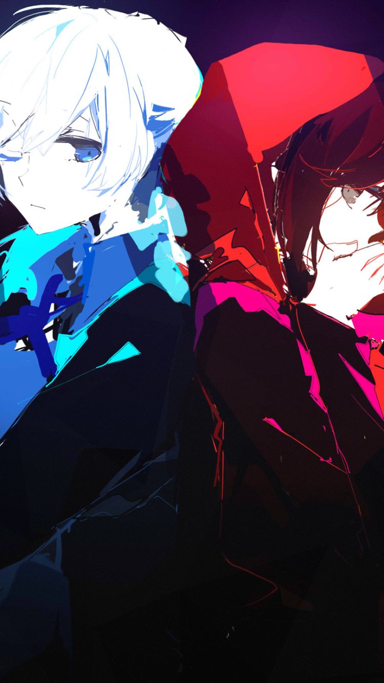 Anime RWBY phone wallpaper featuring Weiss Schnee in icy blues at left and Ruby Rose (RWBY) in a crimson hood at right, bold high-contrast stylized art.