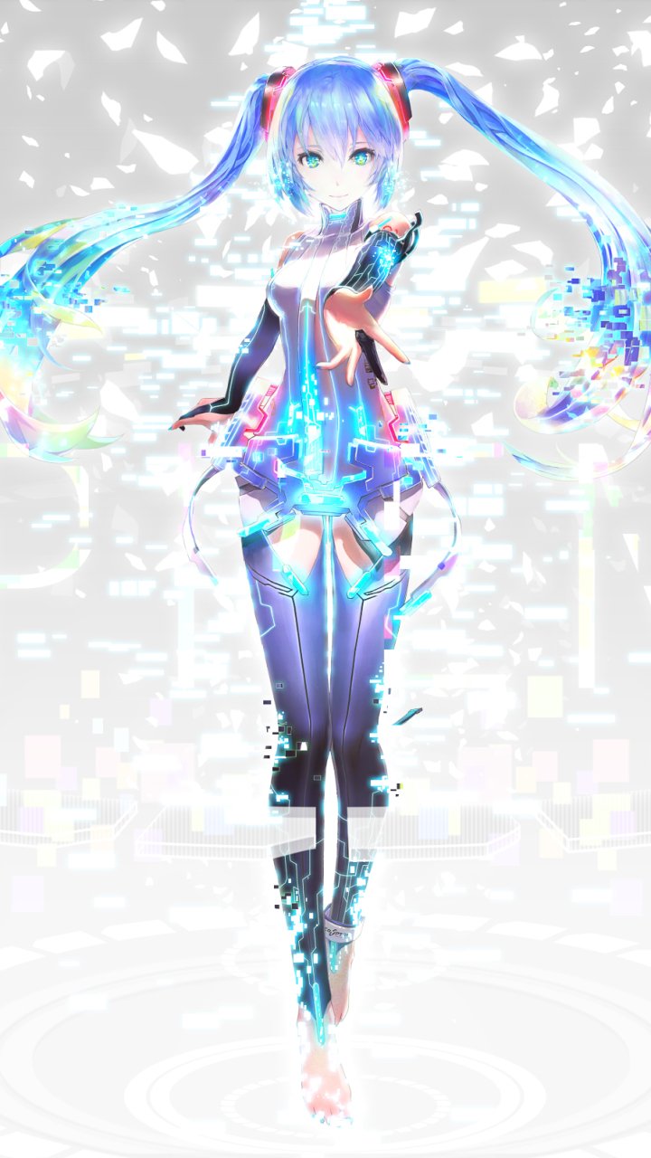 Anime-style digital artwork of Hatsune Miku with glowing blue and pink accents, designed as a vibrant Vocaloid phone wallpaper for iPhone and Android devices.