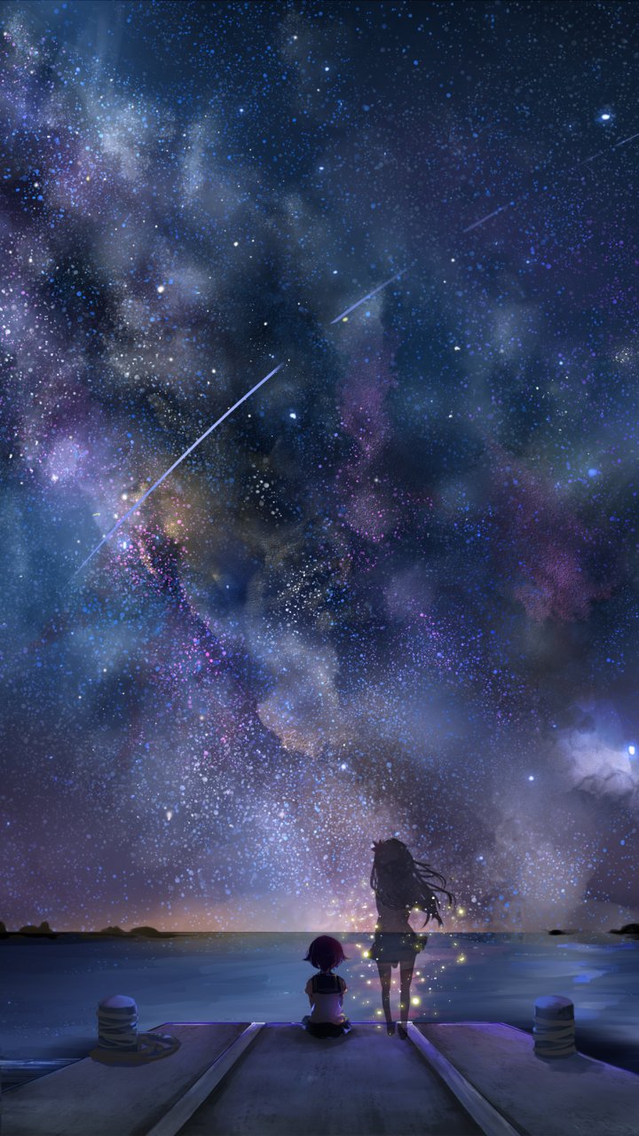 Anime-style Kantai Collection phone wallpaper featuring a starry night sky with shooting stars and a silhouetted character standing on a dock over calm water.