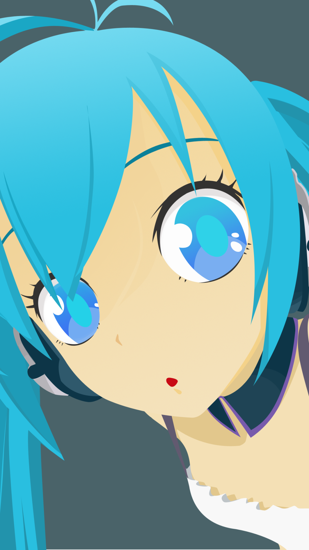 Minimalist anime-style phone wallpaper featuring a close-up of Hatsune Miku from Vocaloid with vibrant blue hair and expressive eyes, designed for iPhone and Android screens.