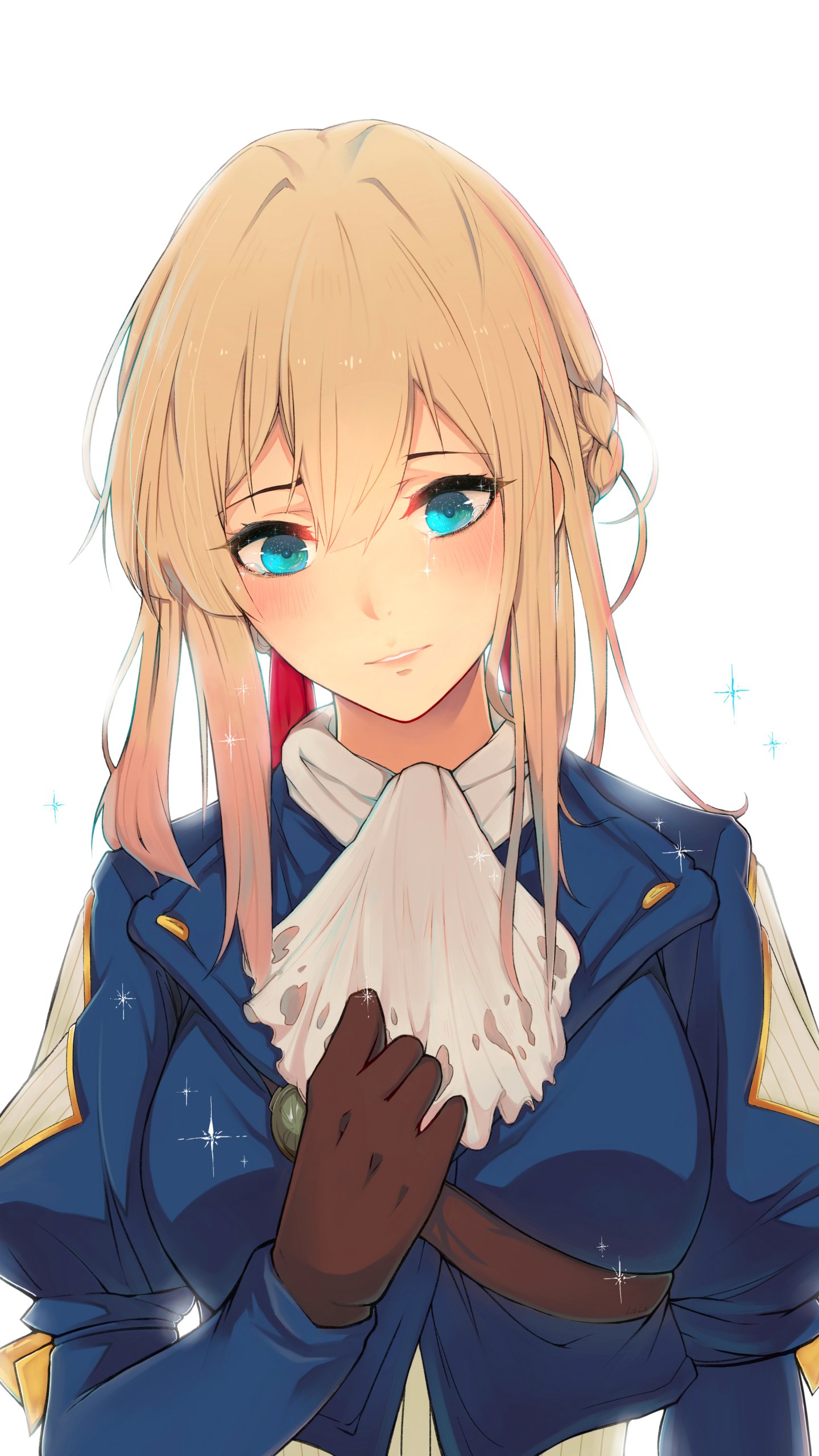Phone wallpaper of Violet Evergarden (anime character): close portrait of Violet in her blue military uniform, blonde hair, teal eyes, white cravat and brown gloves, gentle smile on a light background.