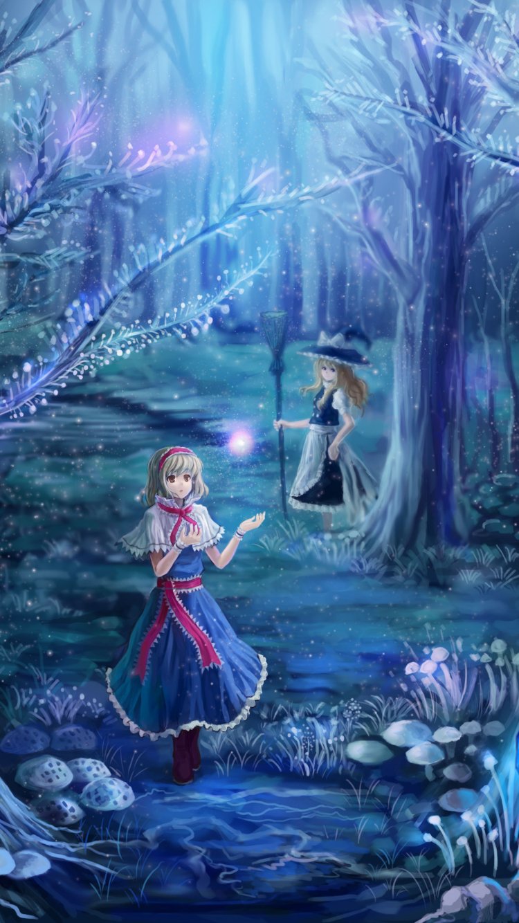 Download Red Eyes Short Hair Broom Forest Night Alice Margatroid Marisa Kirisame Anime Touhou Anime Night Anime Forest Phone Wallpaper