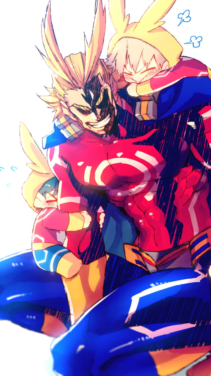 Phone wallpaper of All Might from My Hero Academia — vibrant anime illustration of the hero in a triumphant, smiling pose with bold reds, blues, and gold.