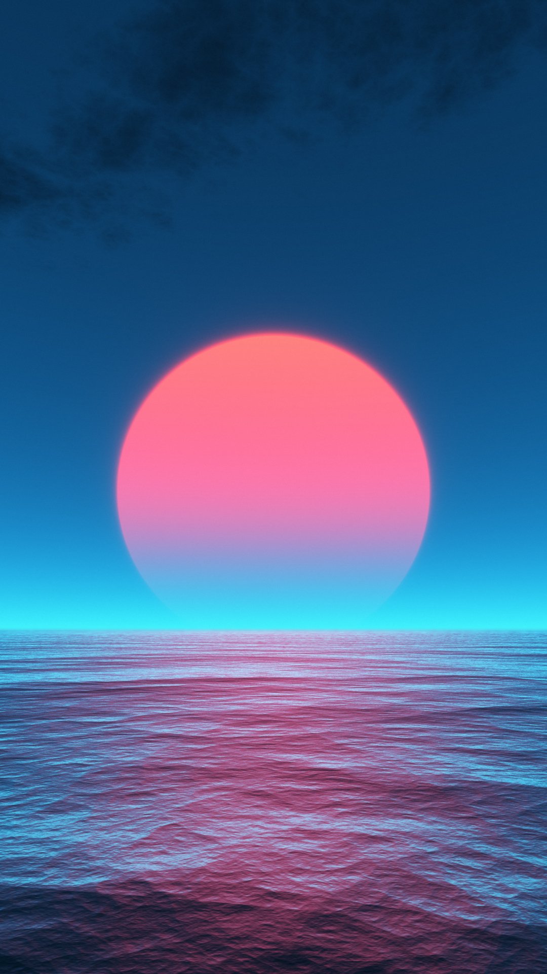 A vibrant pink sun sets over a calm ocean under a deep blue sky, designed as a nature-themed phone wallpaper for both iPhone and Android devices.