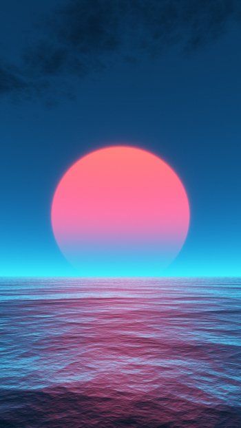 A vibrant pink sun sets over a calm ocean under a deep blue sky, designed as a nature-themed phone wallpaper for both iPhone and Android devices.