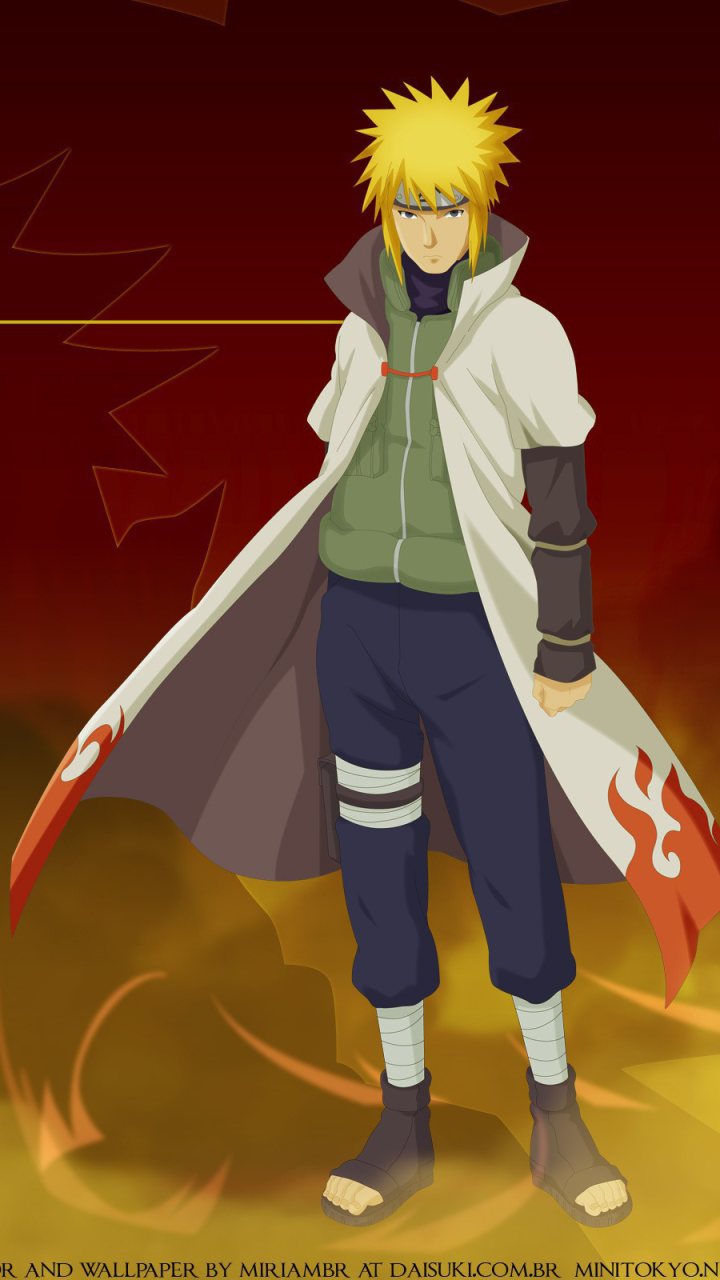 Minato Namikaze (Naruto) phone wallpaper: he stands in a white Hokage cloak over a green jacket, spiky blond hair, and a red-orange flame background.