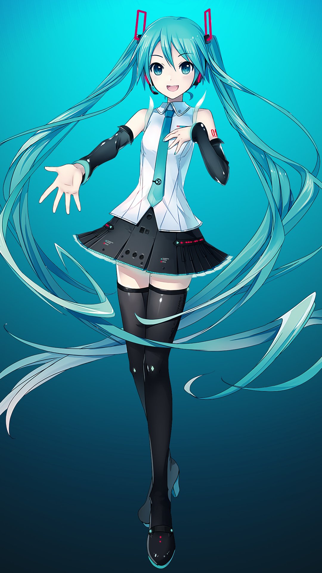 Phone wallpaper featuring Hatsune Miku, the iconic Vocaloid anime character, with her signature turquoise twintails and futuristic outfit on a blue gradient background.